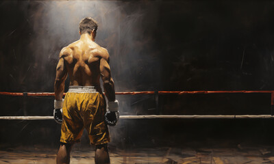 Fototapeta na wymiar Boxer in the Ring: A boxer alone in the ring, gloves down, representing the idea of vulnerability in the pause between fights, yet there is undeniable strength in his presence