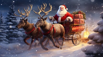Santa claus pulled by reindeer in sleigh in the snow