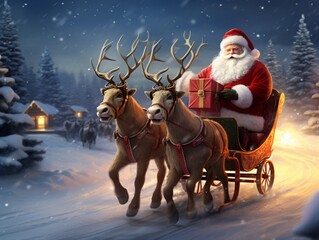 Santa claus pulled by reindeer in sleigh in the snow - obrazy, fototapety, plakaty
