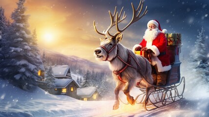 Santa claus pulled by reindeer in sleigh in the snow - obrazy, fototapety, plakaty