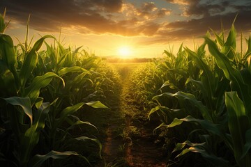 Corn Field with Sunset View Illustration