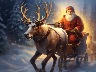 Fototapeta premium Santa claus pulled by reindeer in sleigh in the snow