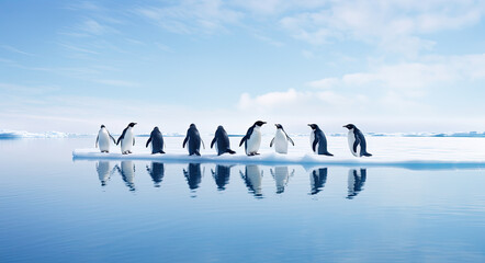 antarctic penguins on the icebergs - obrazy, fototapety, plakaty