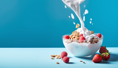 yogurt being poured into a bowl of strawberries and granola editorial style with bowl of yogurt with a blue background