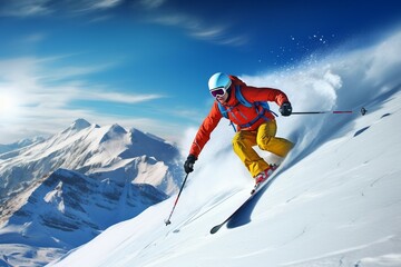 sky blue mountains high downhill skiing Skier ski mountain man snow winter matterhorn switzerland action alpine alps slope speed sport cliff glacier guy holiday ice jump landscape clothing cold colo - obrazy, fototapety, plakaty