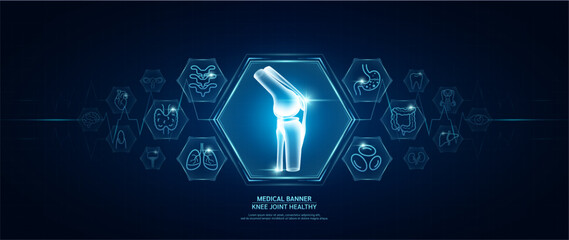 Knee joint bone healthy. Human organs icon symbols. Medical science banner design template. Health care medical check up too innovative digital technology. Examining organ and heart pulse. Vector.