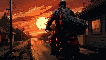 Illustration of a Bicycle Riding Delivery Person in the Hustle and Bustle