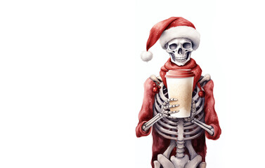 Christmas drawing of a skeleton holding a latte
