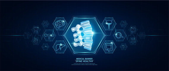 Spine bone healthy. Human organs icon symbols. Medical science banner design template. Health care medical check up too innovative digital technology. Examining organ and heart pulse. Vector.