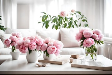Obraz na płótnie Canvas home decoration, fresh pink peonies on coffee table in white roo 