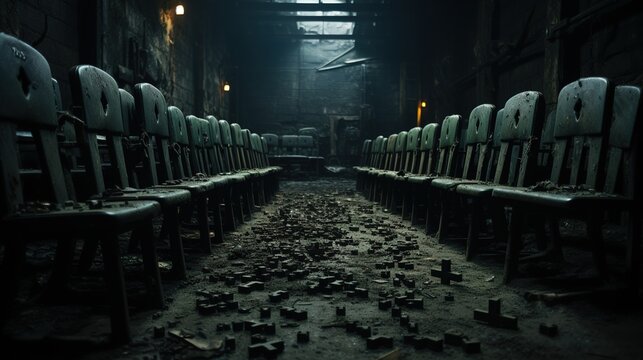 Depict a creepy abandoned mansion with shattered
