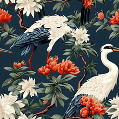 Seamless Japanese Pattern style, crane (bird), bonsai tree with leaf and flower