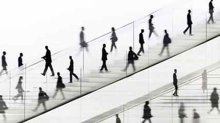group of silhouettes of people blurred in motion on a white background of a business center, a corporate light background, a modern abstract interior of an office hall with a ladder - obrazy, fototapety, plakaty