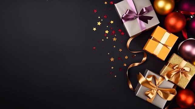 background new year, flat lay, ballon, gift box, luxury, colorfull background and copy space, generative ai