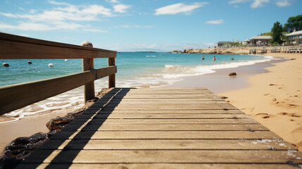 A boardwalk leads to the beach with a wooden