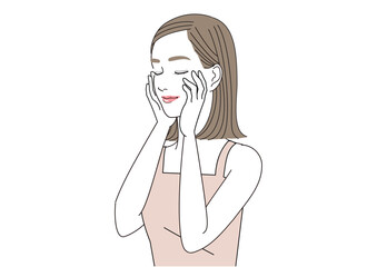 両手を頬にあてて目を閉じている女性