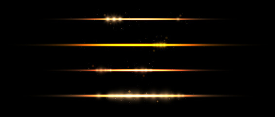 Gold neon divider lines set. Yellow glowing horizontal stripes collection. Fluorescent golden light streaks with sparks and sparkles pack. Vector shining beam elements for poster, banner, decoration - obrazy, fototapety, plakaty