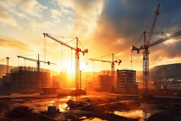 sunlight gold lots cranes several including site construction large under crane building real estate industry equipment build sun business heaven labor power shovel project city earth - obrazy, fototapety, plakaty