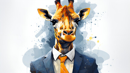 Portrait of giraffe in a dark business suit with a gold tie on a blurred background of an office generative ai

