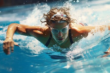 sprint swimming freestyle  swimming olympic freestyle competition water sport sprint pool woman exercising sport athlete blue recreational pursuit swimming pool water sports race people - obrazy, fototapety, plakaty