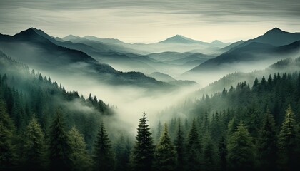 Green Mountains Enveloped in a Dreamlike Forest Fog - obrazy, fototapety, plakaty