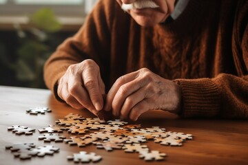 table puzzles playing man senior view cropped  table object shape person people health head medicine disease male medicals man memory old symbol concept idea piece home playing treatment