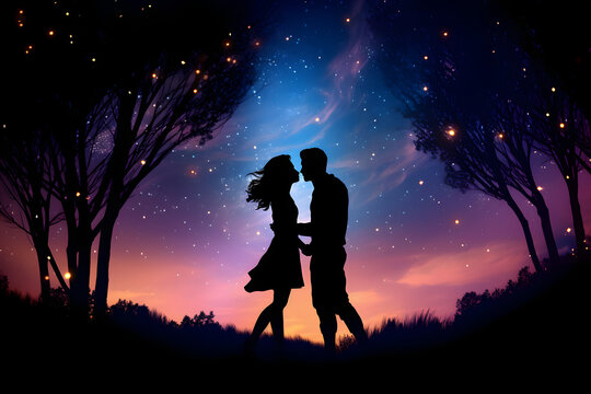 Dreamy silhouette of heterosexual couple sharing a kiss under starry night sky. Neural network generated image. Not based on any actual person, scene or pattern.