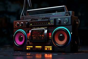 illustration 3d lighting 80s moody boombox vintage urban highcoloured chrome blue style red black youth high fidelity fashion 90s disco old school electronic 70s street print - obrazy, fototapety, plakaty