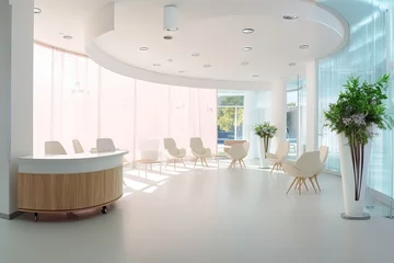 Foto op Plexiglas panorama bright reception waiting room clinic desk modern chairs plants indoor mockup screen copy space television banner wall advertising commercial entrance poster promotion interior equipped © akkash jpg