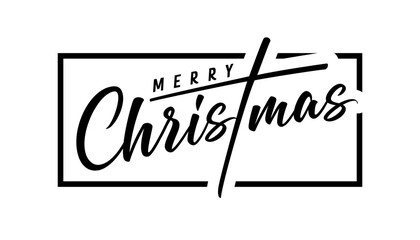 Merry Christmas black calligraphy lettering, web slide. Xmas handwritten inscription with text in frame. Vector illustration - obrazy, fototapety, plakaty