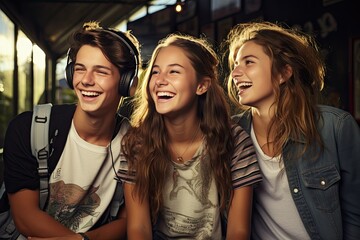 laughing teenagers group teenage girlfriend friendship college enjoyment girl camaraderie happy healthy lifestyle outdoors people student 4 woman young summer fun - obrazy, fototapety, plakaty