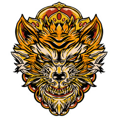 Aggressive wild demon beast head in colorful style illustration