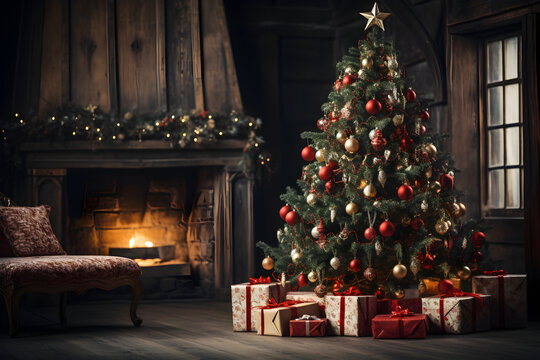 New Year Christmas interior with Christmas tree and festive decorations generated AI
