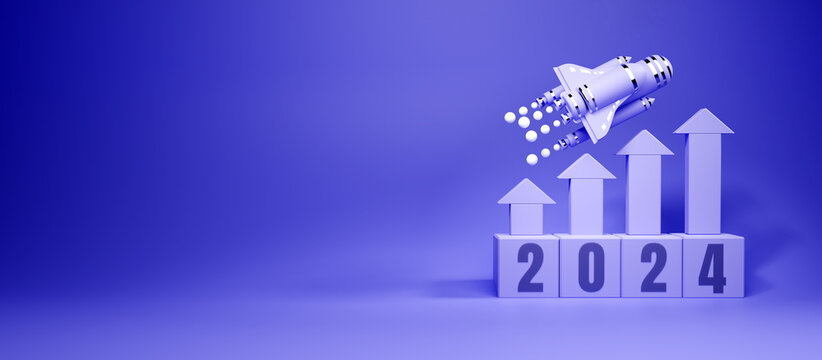 Happy new year 2024 background. Blue blocks, up arrow sign, empty space, spaceship on blue background