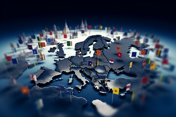 flags countries map Europe three-dimensional atlas austria blue border business cartography concept continent country design earth economy england eu europa european finland flag france geography - obrazy, fototapety, plakaty