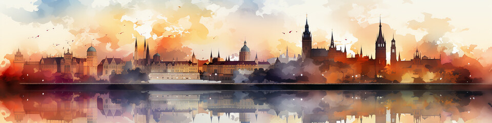 Cityline watercolor painting landscape abstract old european city background white, autumn print poster long panorama