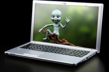 laptop happy   three-dimensional people human abstract cartoon film white man woman browsing wi-fi wireless business communication web laptop notebook computer enjoy happy homework office