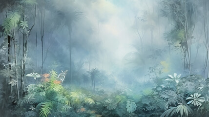 watercolor background light green blue and white shades rainforest in the rainy season, abstract background