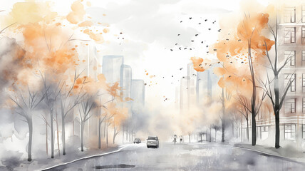watercolor drawing autumn city park landscape on a white background in light autumn yellow tones, abstract view