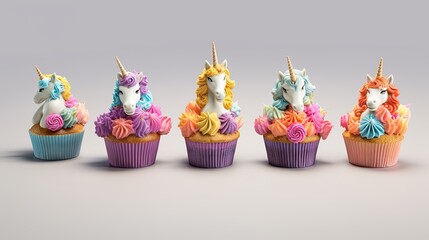 cute unicorn cupcakes over grey background