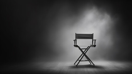 Fototapeta premium director's place, a lonely chair in the stage smoke on a dark background, the concept of cinema, management, loneliness
