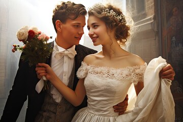 marria their celebrating couple young romantic happy caucasian   wedding couple smiling adult architecture background beautiful behind blond bouquet bow bride caucasian city concept cute