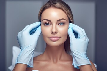 care spa skin perfect procedure operation preparation gloves hands cosmetologyst woman blonde young portrait close beauty face beautiful white bed people smile - obrazy, fototapety, plakaty