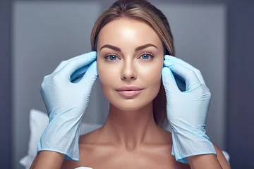 Foto op Canvas care spa skin perfect procedure operation preparation gloves hands cosmetologyst woman blonde young portrait close beauty face beautiful white bed people smile © sandra