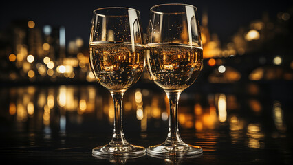 New Year's Eve Champagne Toast with Stunning City Skyline