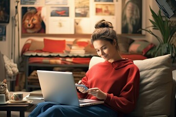 online shopping woman credit card computer girl laptop home smiling cyberspace connecting buying buy happy cat pet animal satisfaction client commerce living room sofa couch sitting relax - obrazy, fototapety, plakaty