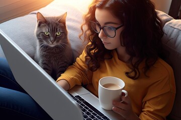 view closeup shoulder movie watching elearning pc learning online screen computer white mock looking laptop holding cat sofa sit relax student girl teen latin hispanic young woman home - obrazy, fototapety, plakaty
