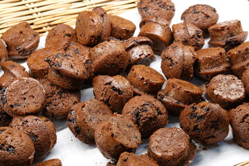 Close-up. Mini chocolate muffins in  bakery shop.