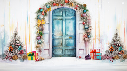 Fototapeta na wymiar watercolor illustration christmas decorated door on white background, light, postcard greeting invitation
