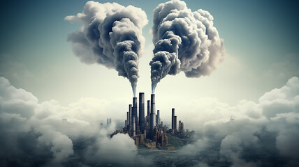 factory with large pipes and smoke pollutes the air, the atmosphere and the threat to the environment, the problem of carbon footprint, global warming - obrazy, fototapety, plakaty
